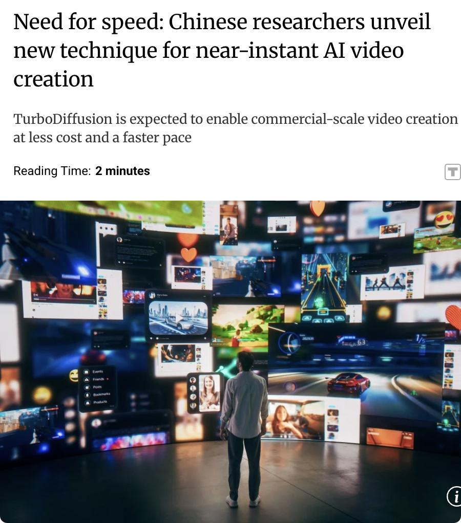 外媒：中国研究人员发布近乎即时的AI视频生成新技术中国研究人员开发出名为T