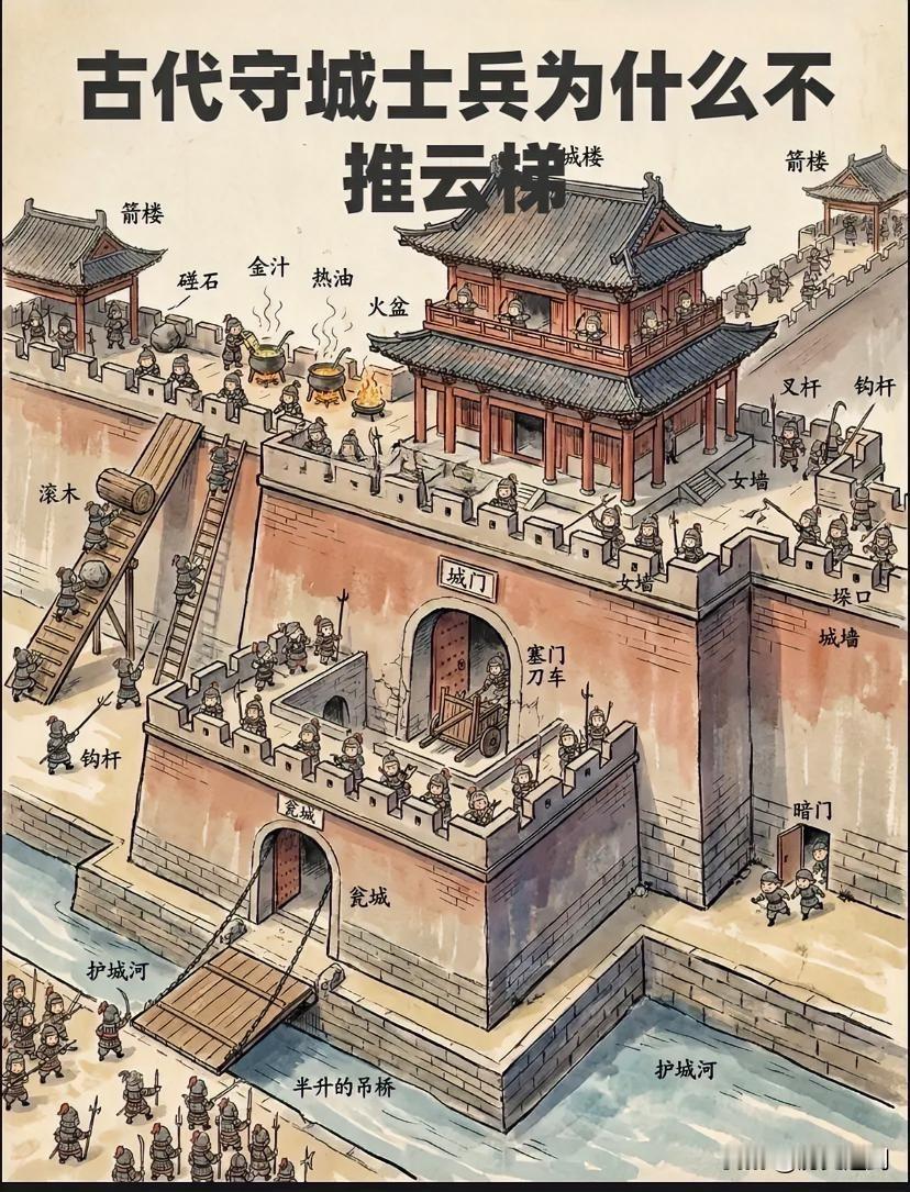 古代守城士兵为何不直接推云梯？在古代守城时士兵只要拿根长杆把云梯推倒不就行了