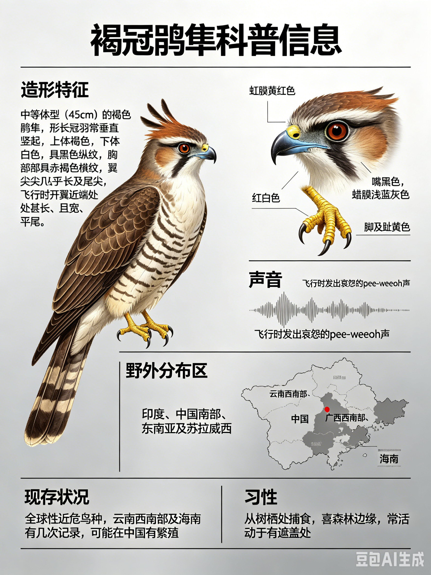 鸟类朋友图鉴褐冠鹃隼·科属：隼形目，鹰科。·外形特征：中等体型（45cm）的褐