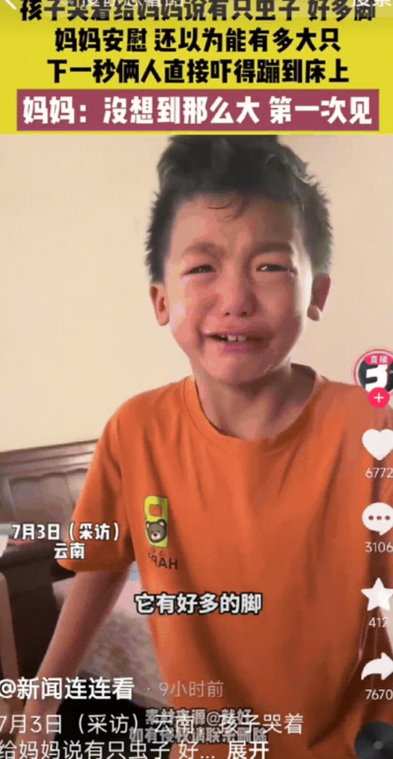 “笑不活了！”7月3日云南，妈妈正在休息，孩子突然哭着跑过来说：屋里有只虫子，有