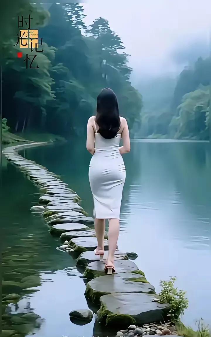 素裙随风漾，青丝披玉肩。独行幽径远，山水共婵娟。