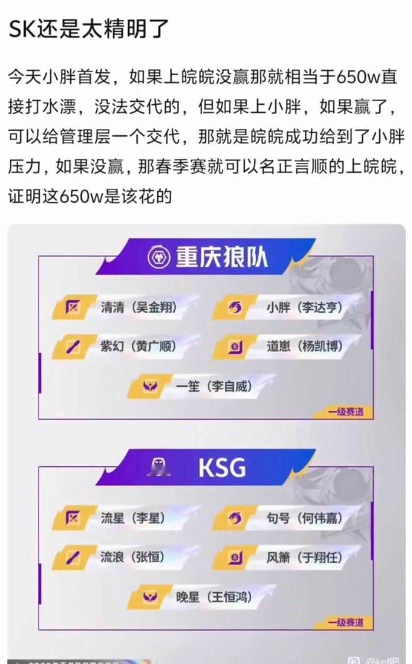 狼队对战KSGSK还是太精明了今天小胖首发，如果上皖皖没赢那就相当于650w直