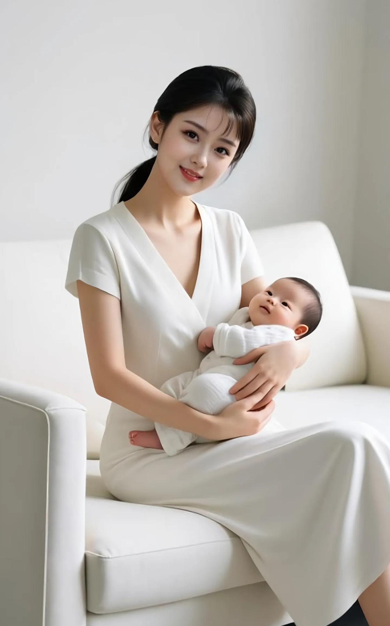 《坐月子》素衣抱子坐闲庭，新母温柔笑意盈。岁月因娃添暖意，人间至味是亲情