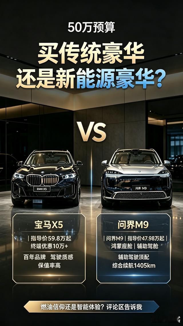 50万级SUV，宝马X5和问界M9是绕不开的两台车。核心问题就一个：同样预算，选