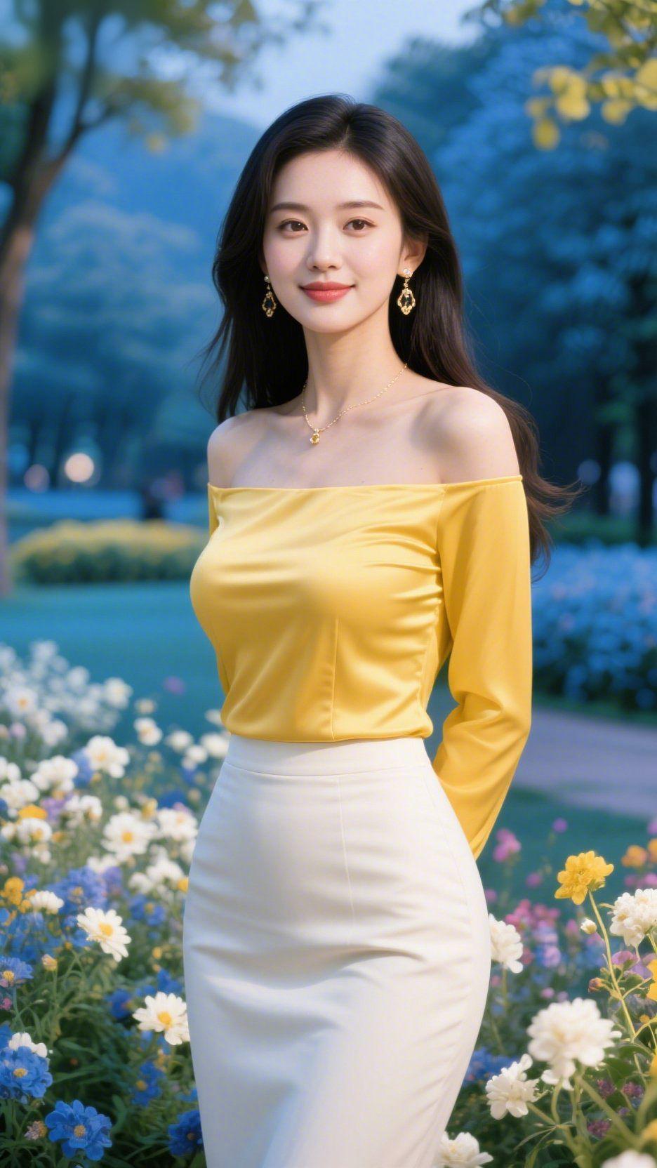 林间花境晚风柔晚风掠过林间花海，蓝白雏菊次第盛放，明黄小花点缀草丛。远处林