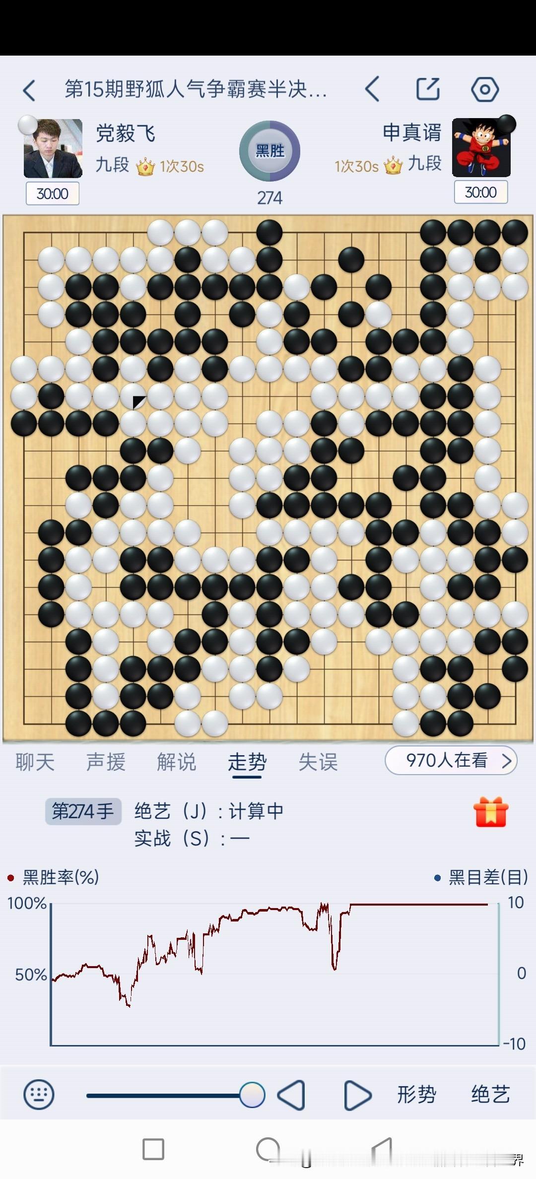 刚结束的第15期野狐人气争霸赛半决赛，韩国申真谞九段执黑中盘击败中国党毅飞九段，