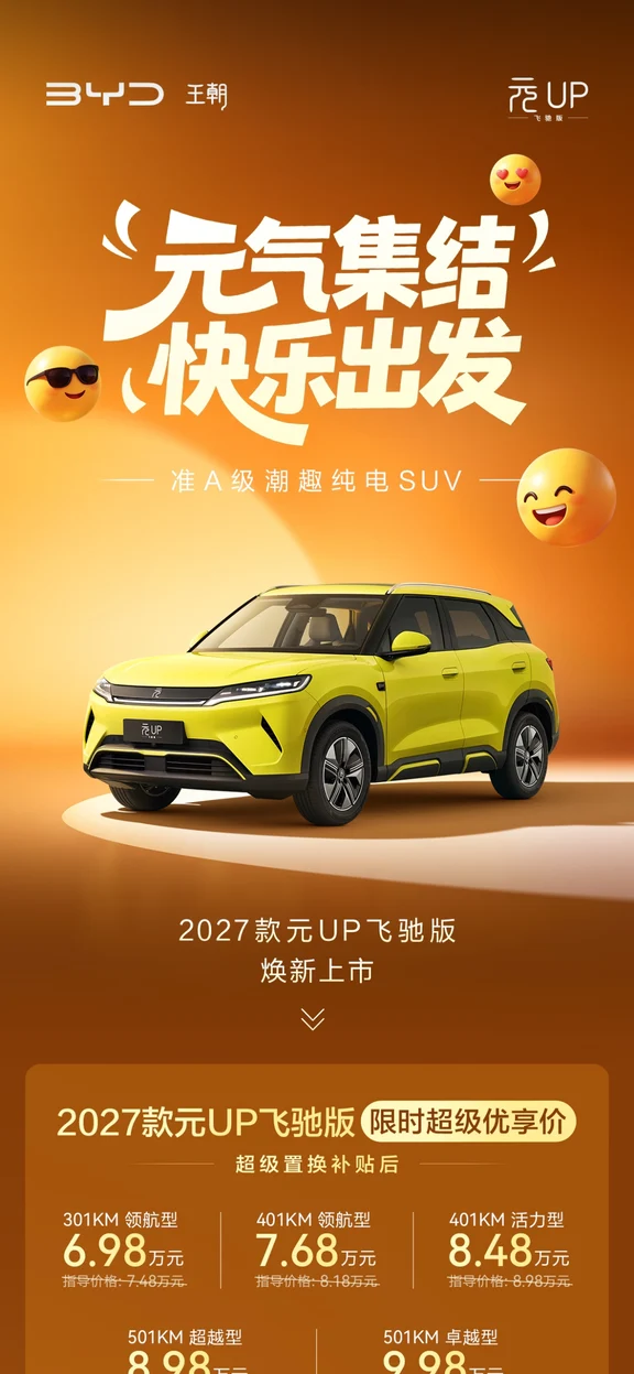 ✨年轻人第一台纯电SUV｜元UP飞驰版太香了