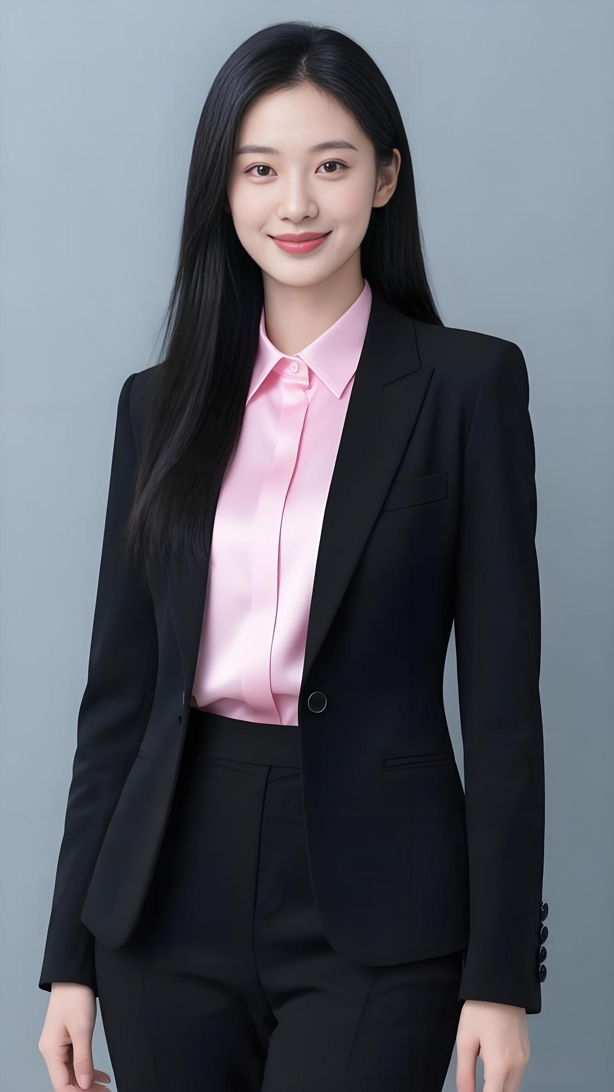 黑色西装外套粉色衬衣搭配美女白领鲜艳的粉色丝绸衬衫陪衬黑色职业西装，干练中透着