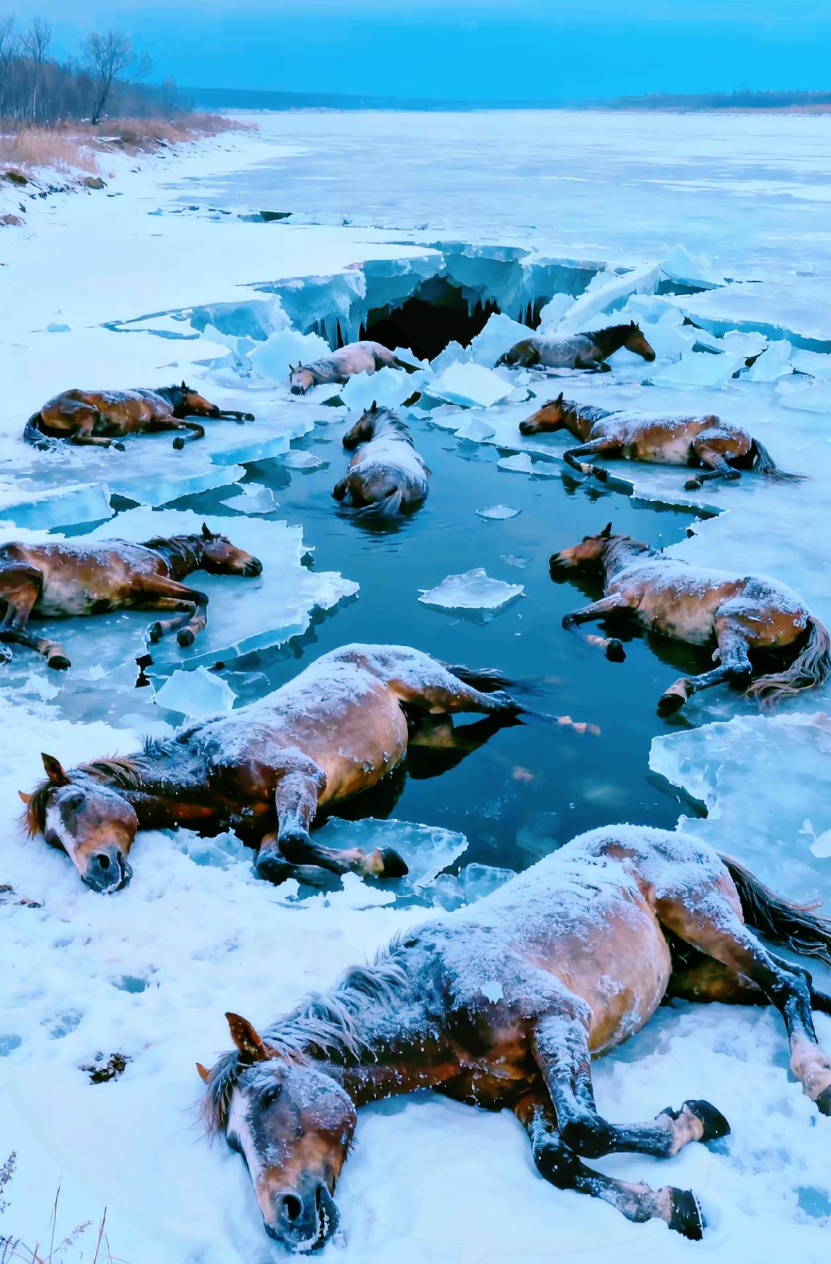 零下二三十度的黑龙江，东风水库的冰面硬得像块铁板，可13匹找水喝的马刚凑上去，脆