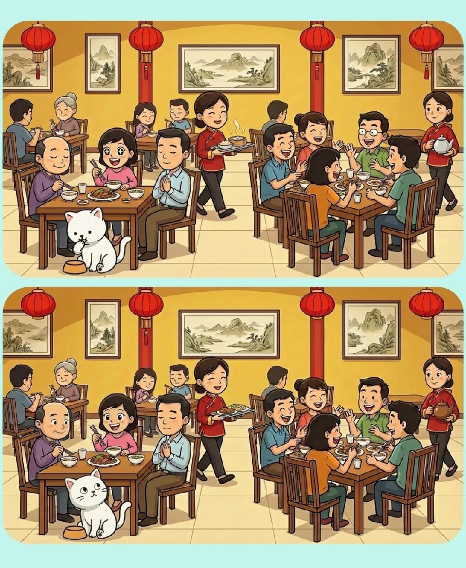 眼力大挑战！中式餐厅找不同图藏了多处差异，能找全的人是火眼金睛！