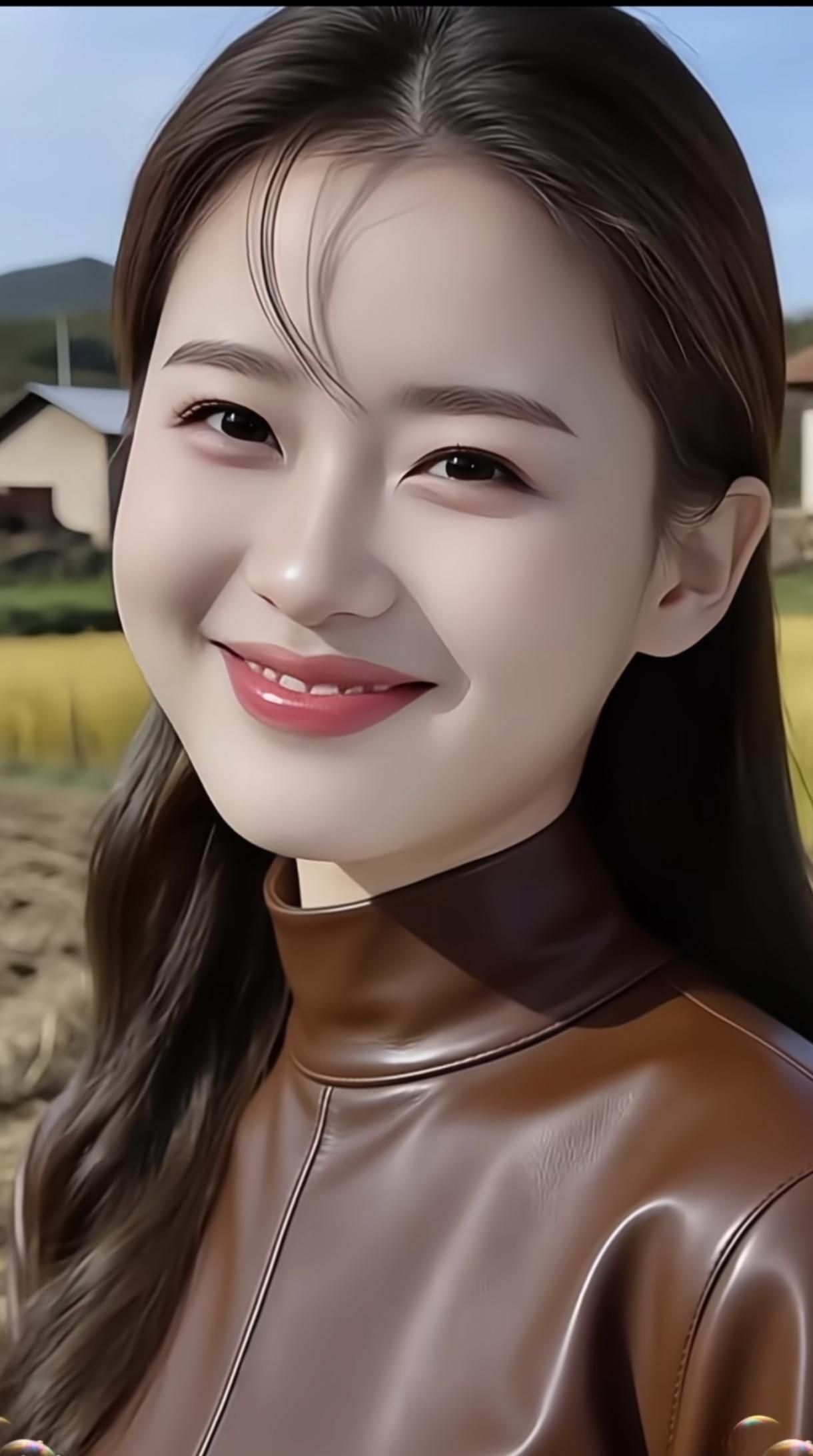 甜美微笑，秋日暖阳下的少女，棕色皮衣，温柔动人。少女风写真照秋日少女照暖棕色