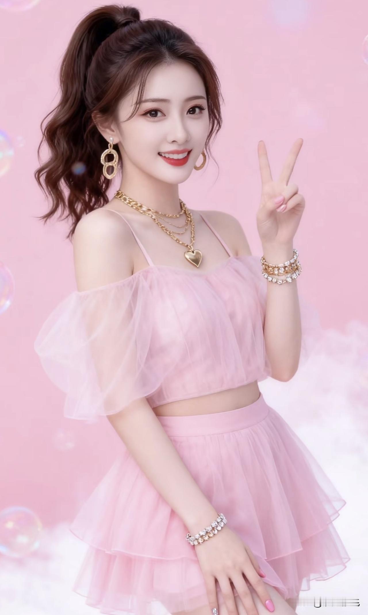 甜美少女风，粉色公主裙，微笑比心💖✨温柔粉色裙粉色公主礼服裙粉色蓬蓬裙穿搭