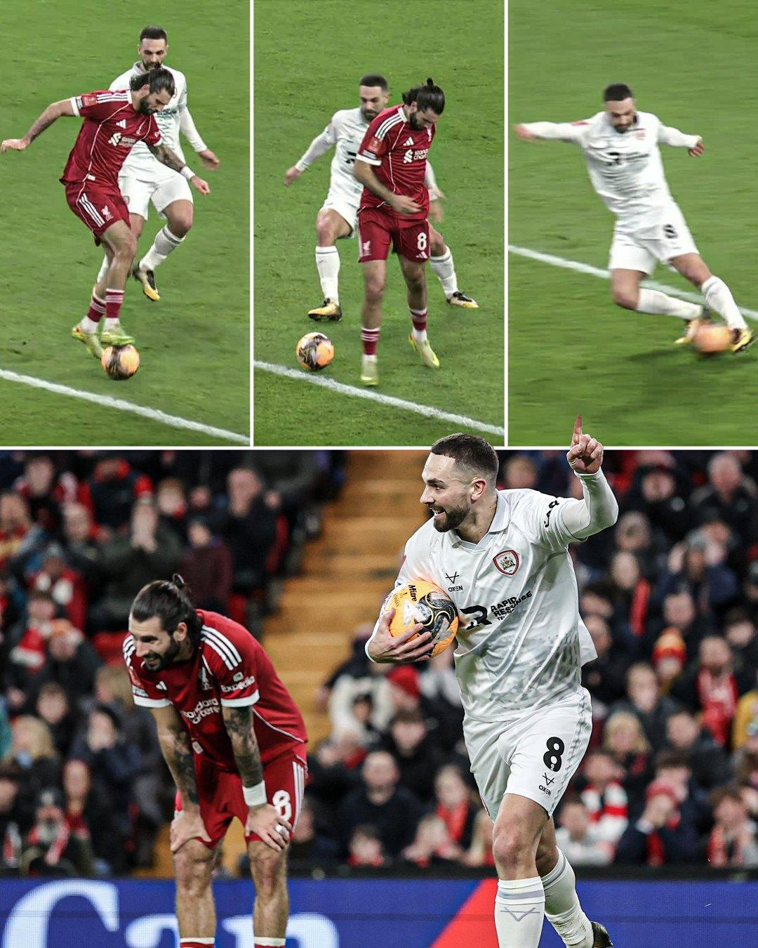 【索博脚后跟处理引发争议】足总杯第三轮，利物浦4-1巴恩斯利。第42分钟，索博斯