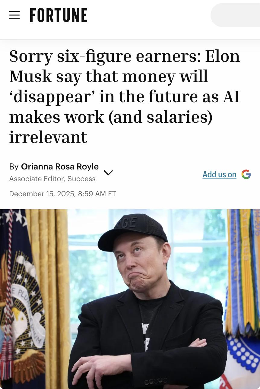 外媒：马斯克认为，在人工智能和机器人主导的未来劳动力市场中，薪水将不复存在，金钱