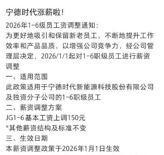宁德时代涨薪150元，打工人为啥在意？宁德时代给1-6级基层涨薪150元，20