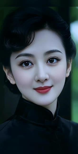 优雅黑发，红唇微笑，复古风韵，气质非凡。