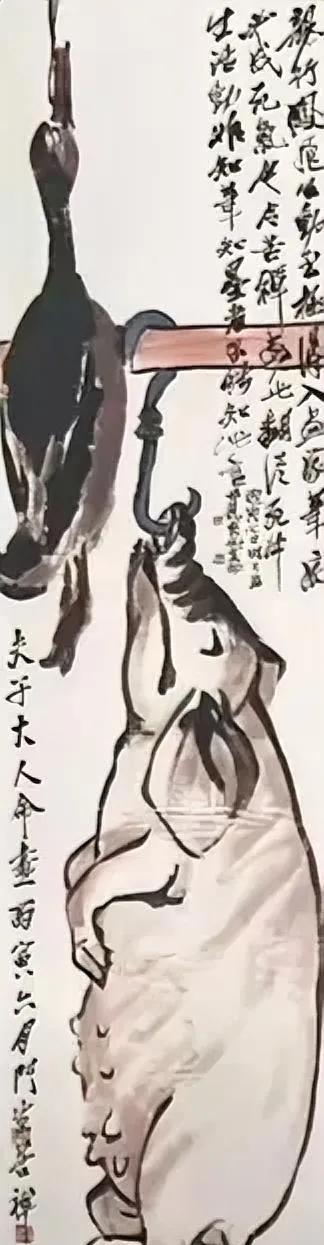 1926年齐母病逝。齐白石让27岁的李苦禅画了猪和鸭子予备烧掉祭祀母亲；谁知在齐
