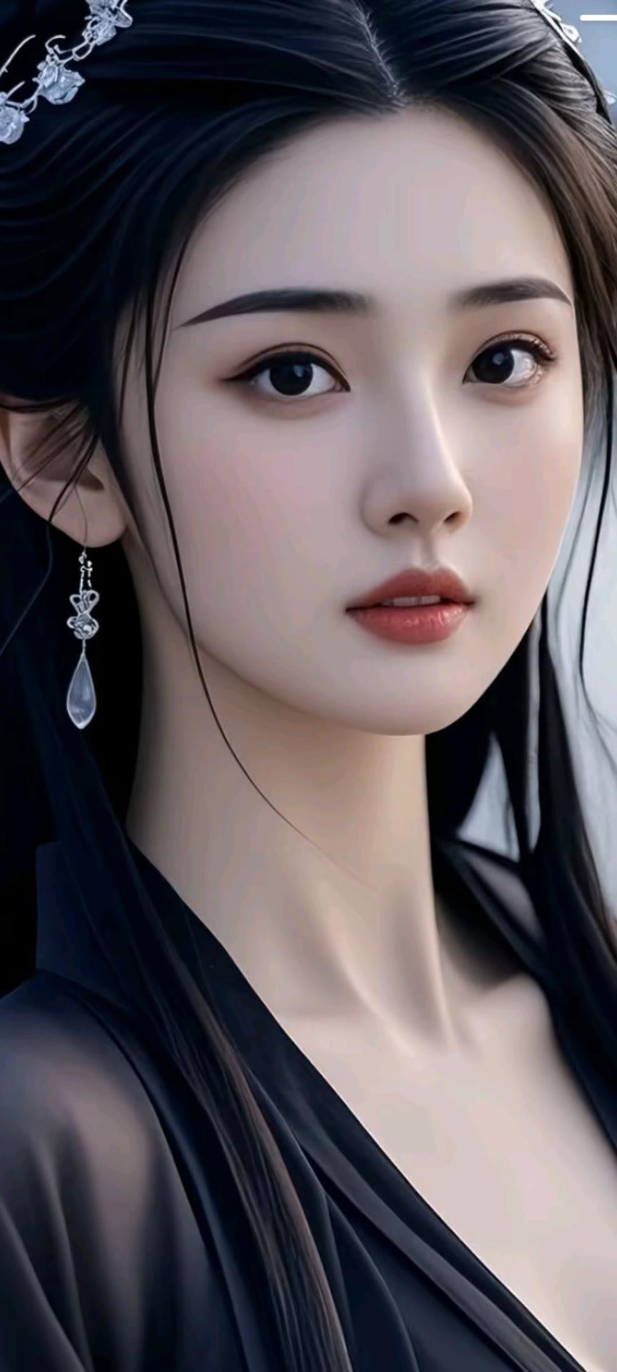 古风美人，温婉动人，黑发如瀑，玉簪点缀，耳畔垂坠，宛如画中仙。