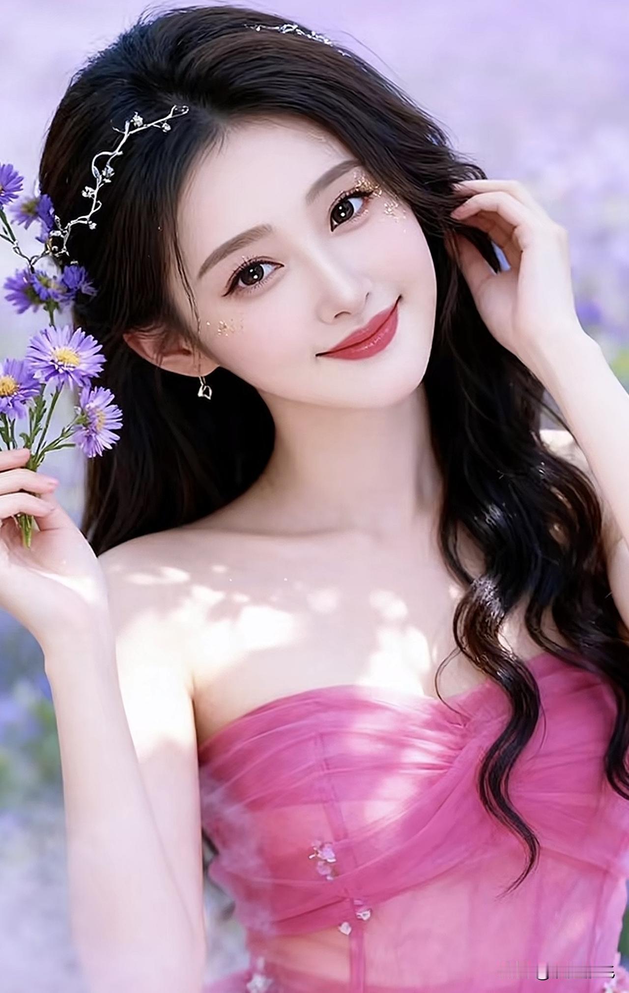 梦幻花海中的甜美少女，粉色礼服与紫色花朵相映成趣。紫色小花海紫色花海氛围照紫