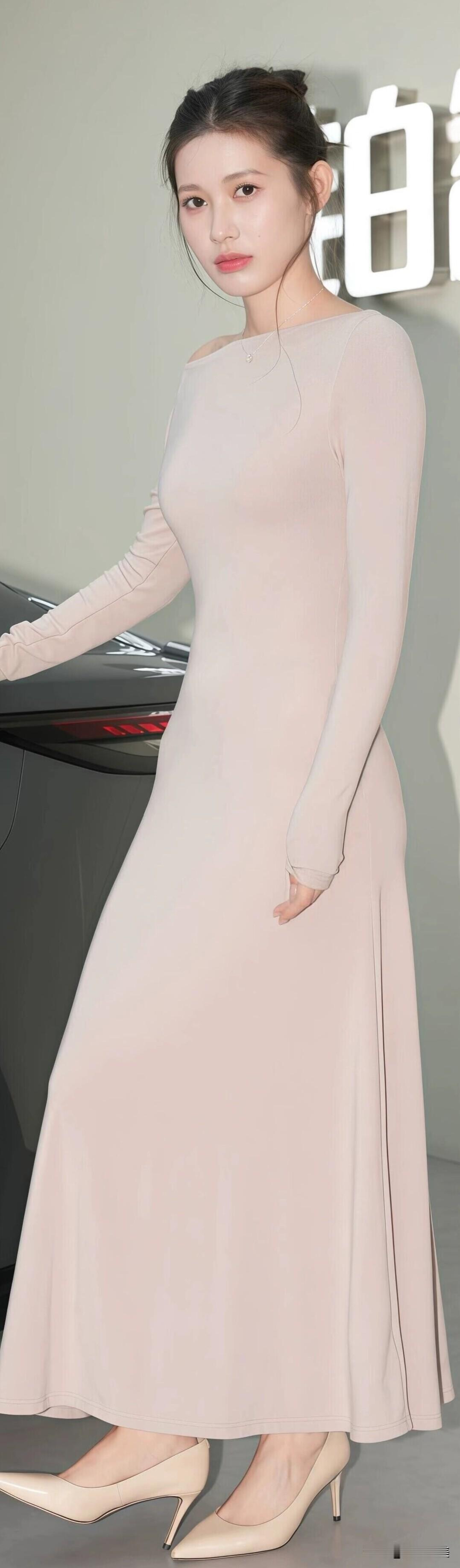 一字肩长裙，温柔又显气质，搭配同色系高跟鞋，优雅感直接拉满，日常通勤或正式场合都