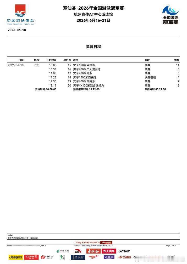 2026年全国游泳冠军赛6月18日第三天第5场预赛赛程p1第二项男子4