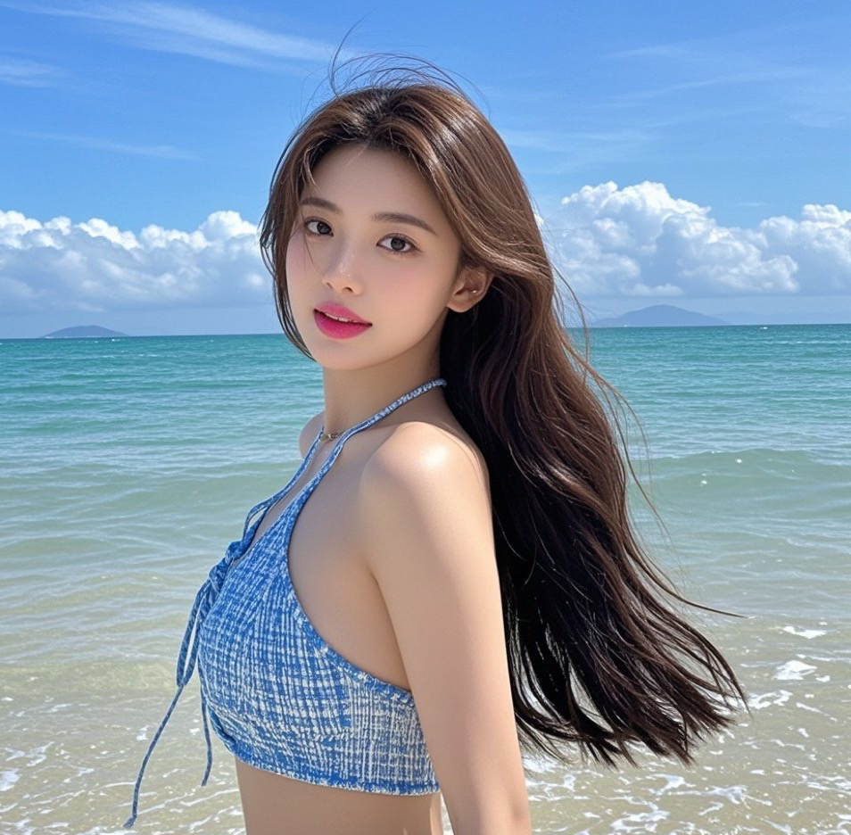 娇俏佳人海边漫步，比基尼勾勒曼妙曲线