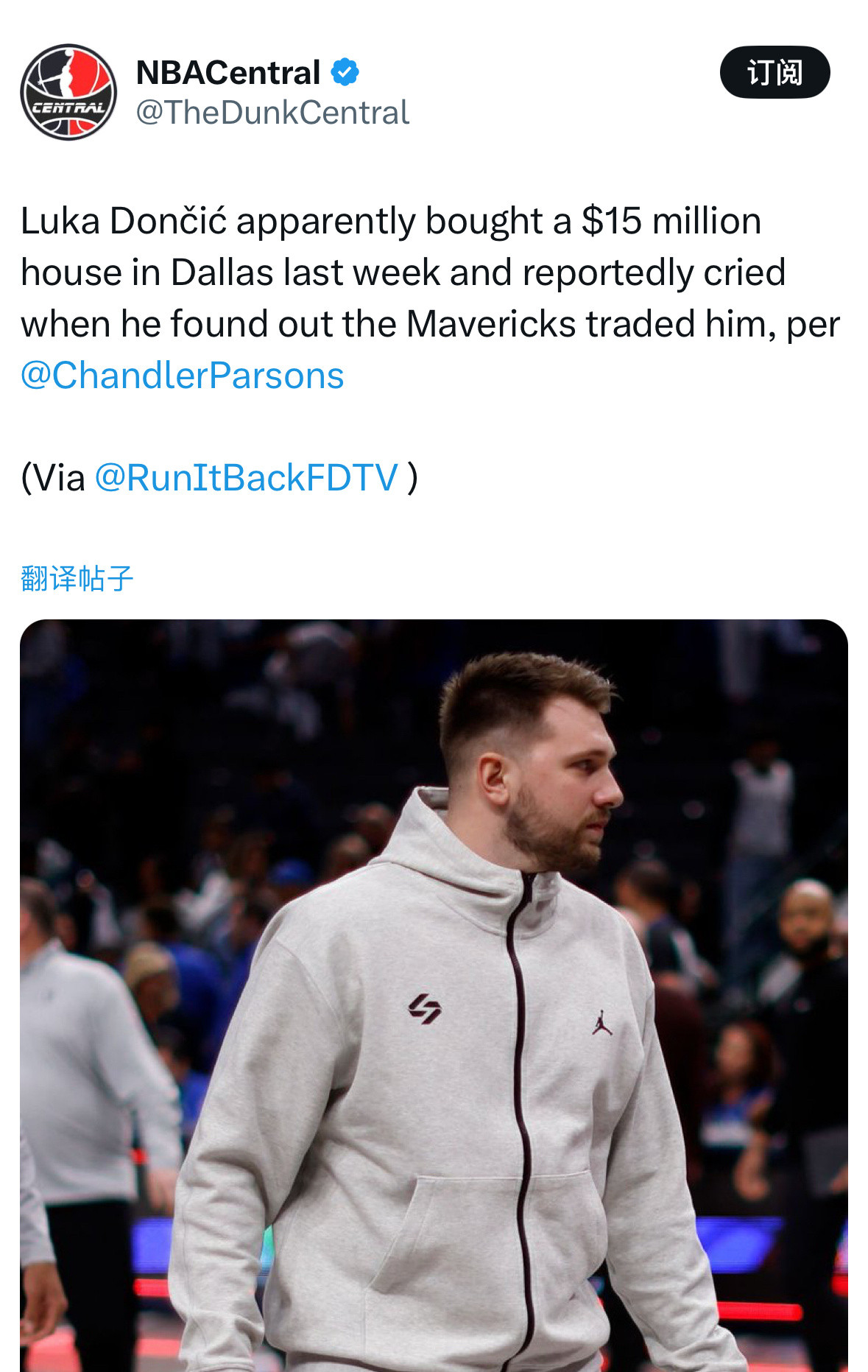 ChandlerParsons：东契奇上周似乎刚在达拉斯花1500万美元购置了