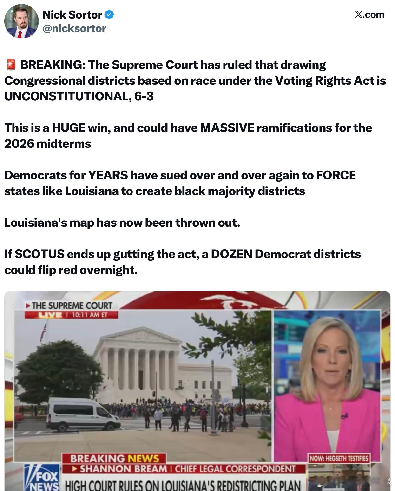 美國最高法院以6-3的投票結果，判定路易斯安那州為了符合VRA第2條