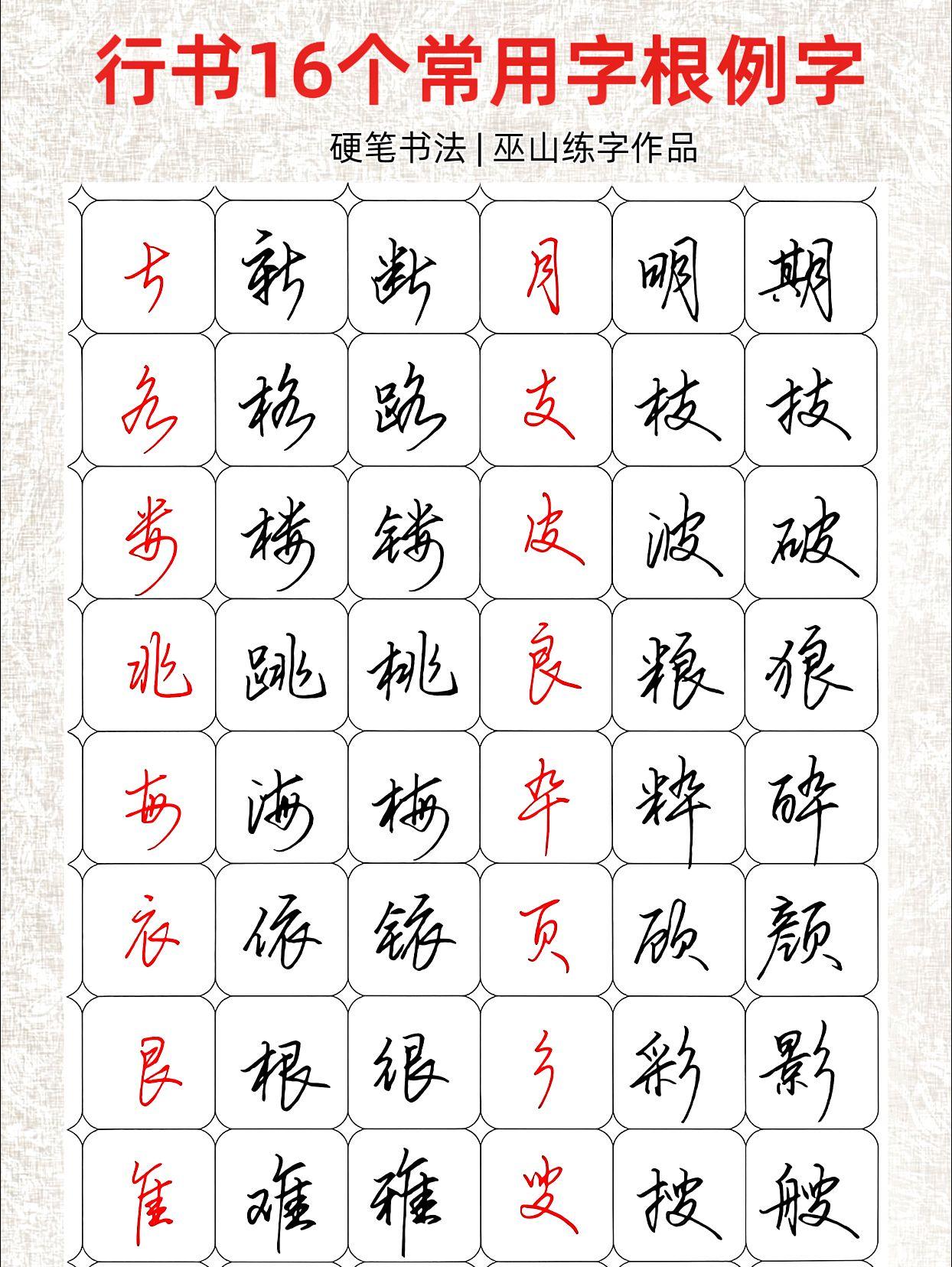 行书16个常用字根例字，太实用了！练字同步字帖硬笔书法行书字帖