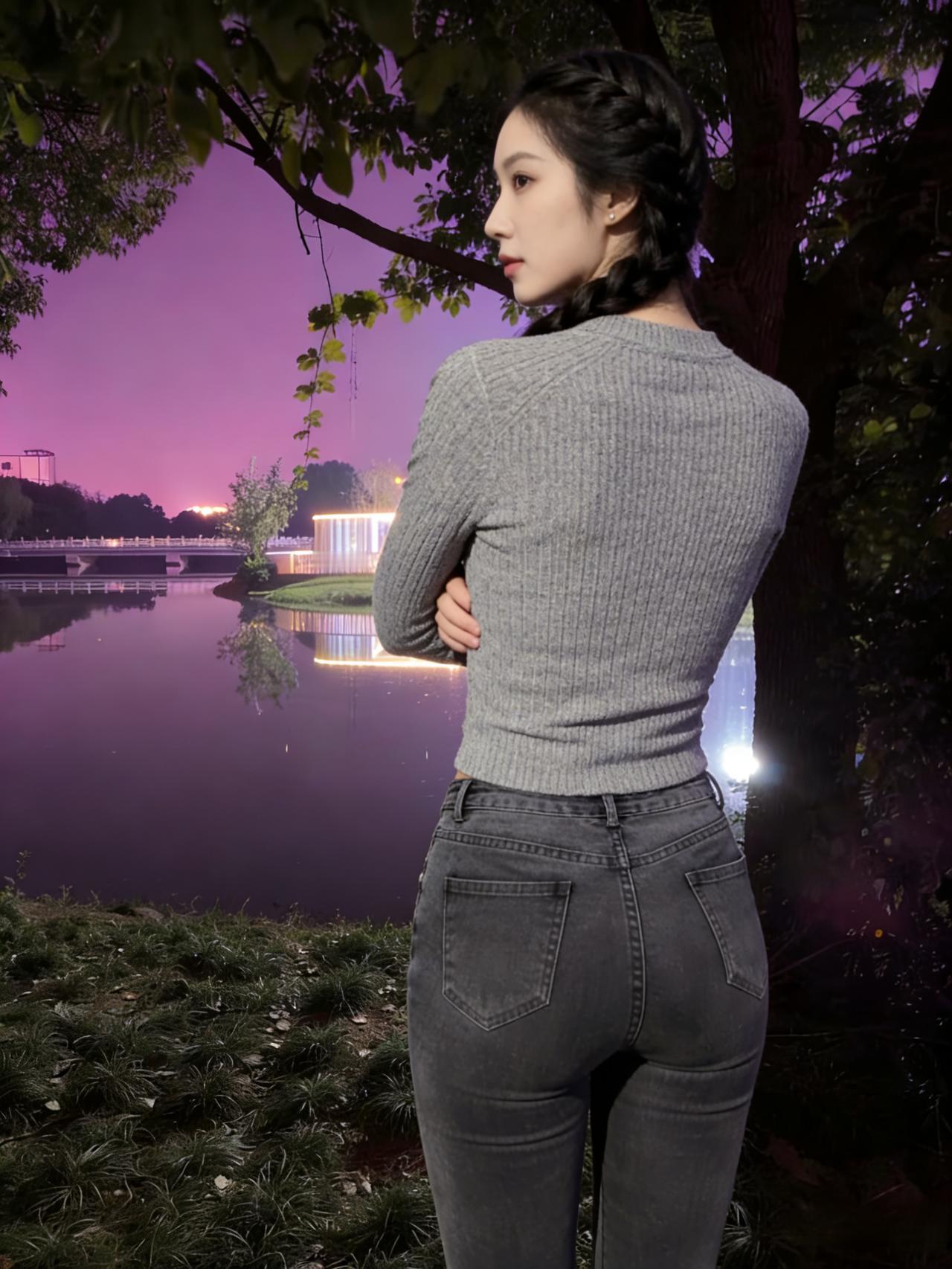 避开人群的喧嚣，她站在了树下夜色是最好的幕布，把她裹住麻花辫绕着肩，是温柔的