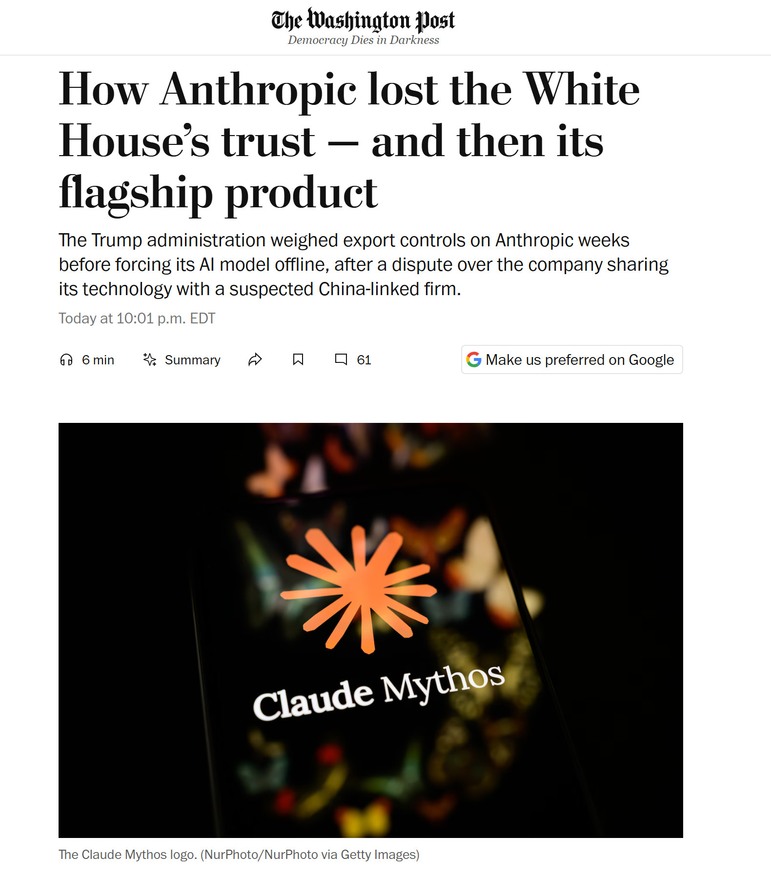 『华盛顿邮报』也根据自己的信源，刊发了有关Anthropic下架事件的最新深