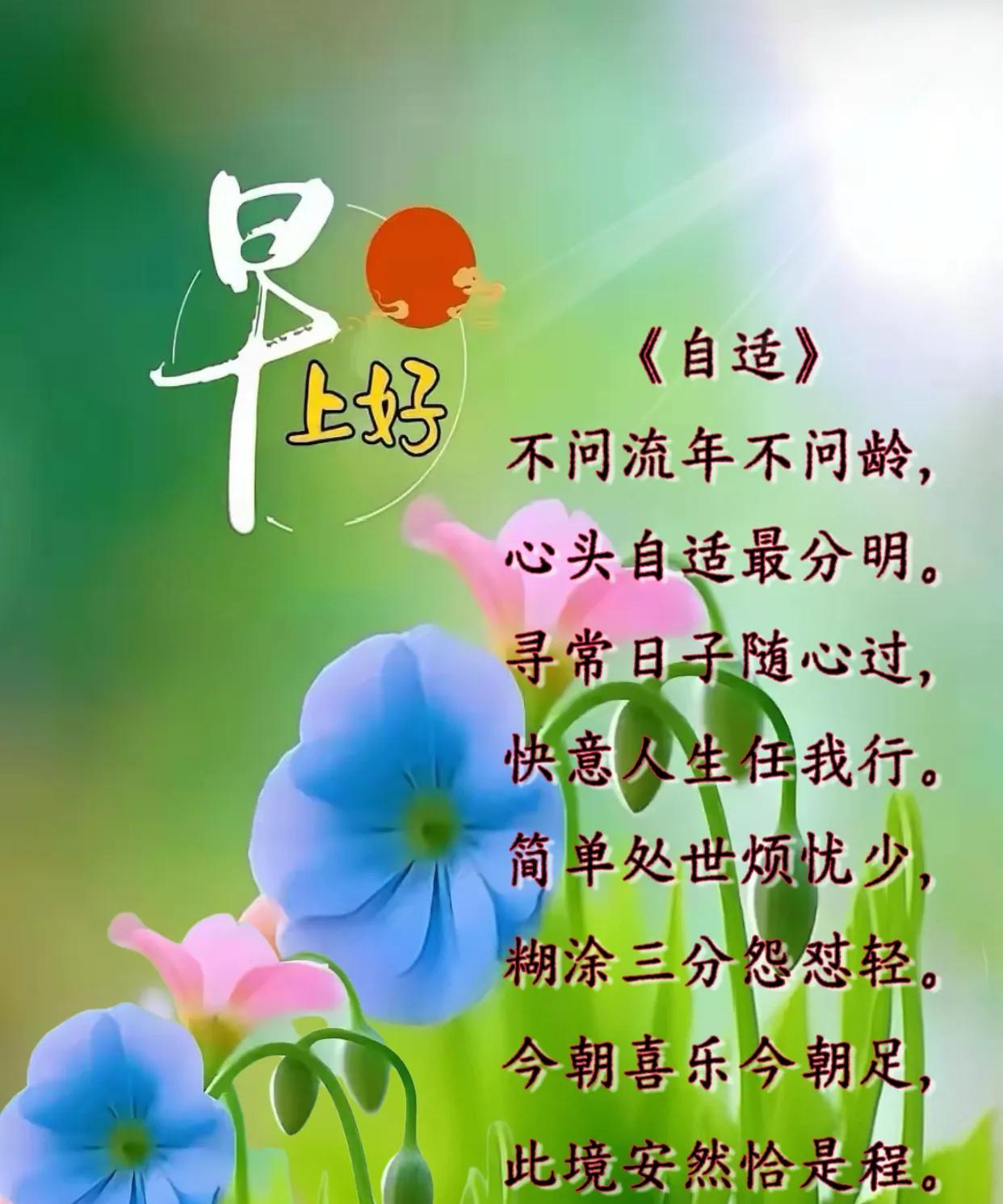 朋友：早上好！《自适》不问流年不问龄，心头自适最分明。寻常日子随心过，快意