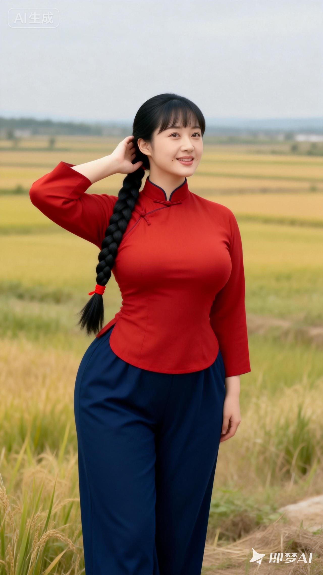 田园少女风，红蓝撞色旗袍，自然田野背景，清新自然，甜美笑容。