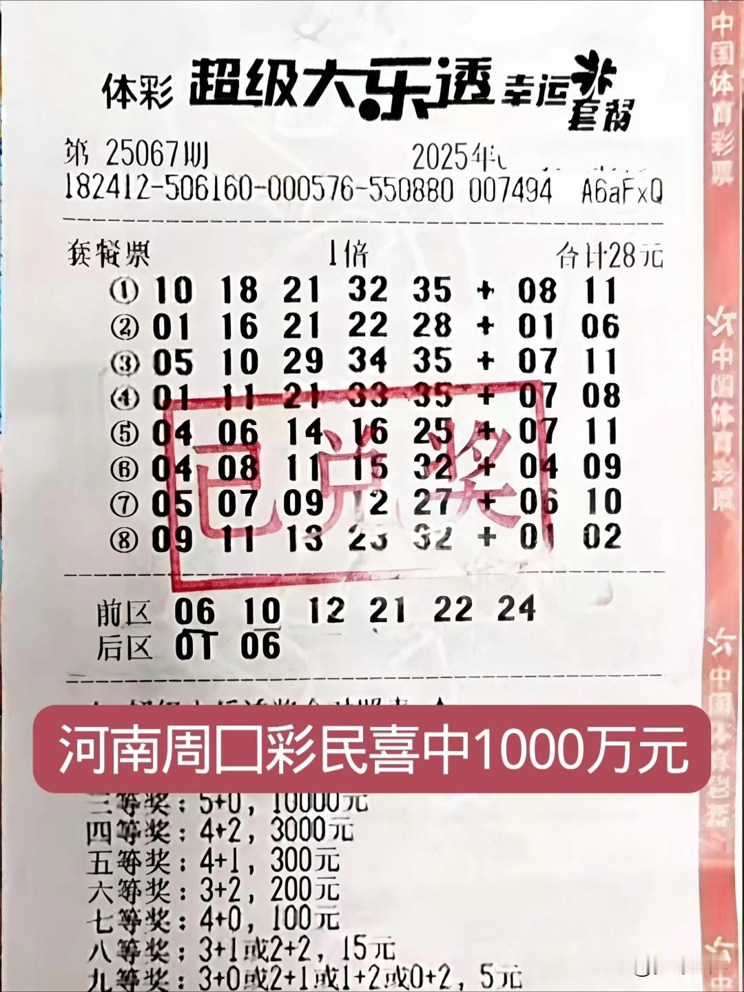 一张28元体彩套餐票，喜中一等1000万元，河南周口彩民买了一张28元大乐透彩票