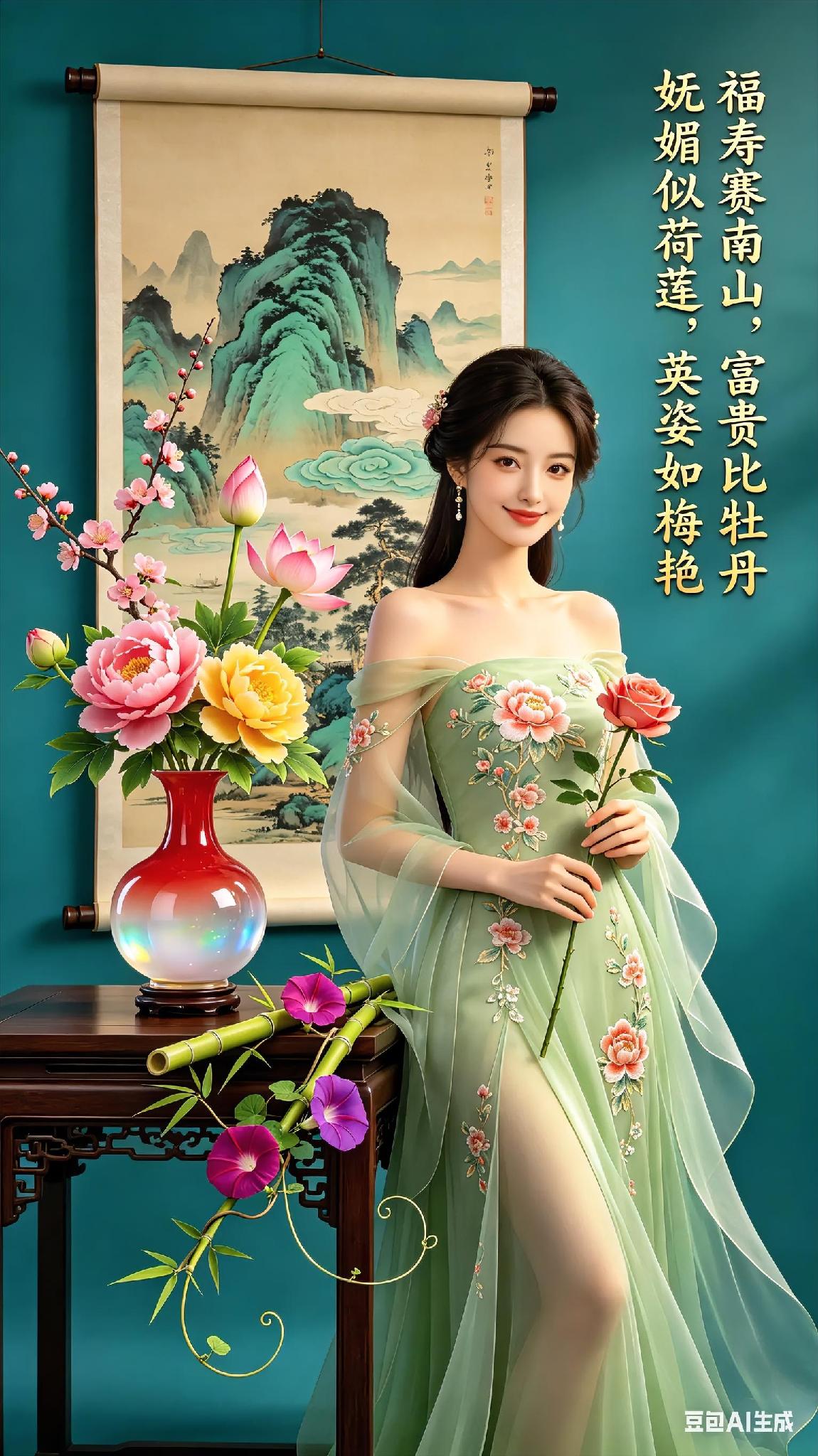 福寿赛南山，富贵比牡丹，妩媚似荷莲，英姿如梅艳，友友们：早上好！ai荷塘国风