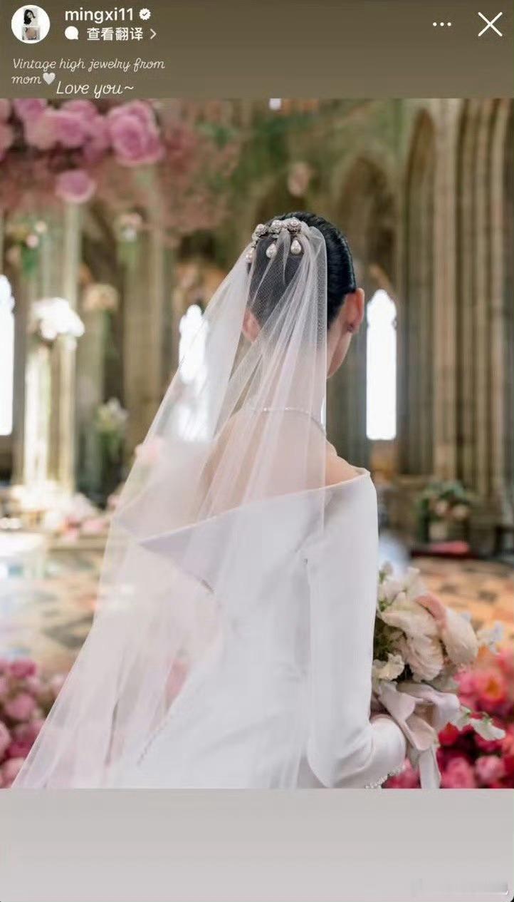 奚梦瑶晒照感谢婆婆奚梦瑶特意发文感谢婆婆赠予的首饰，婚礼头纱上的珍珠发夹，是婆婆