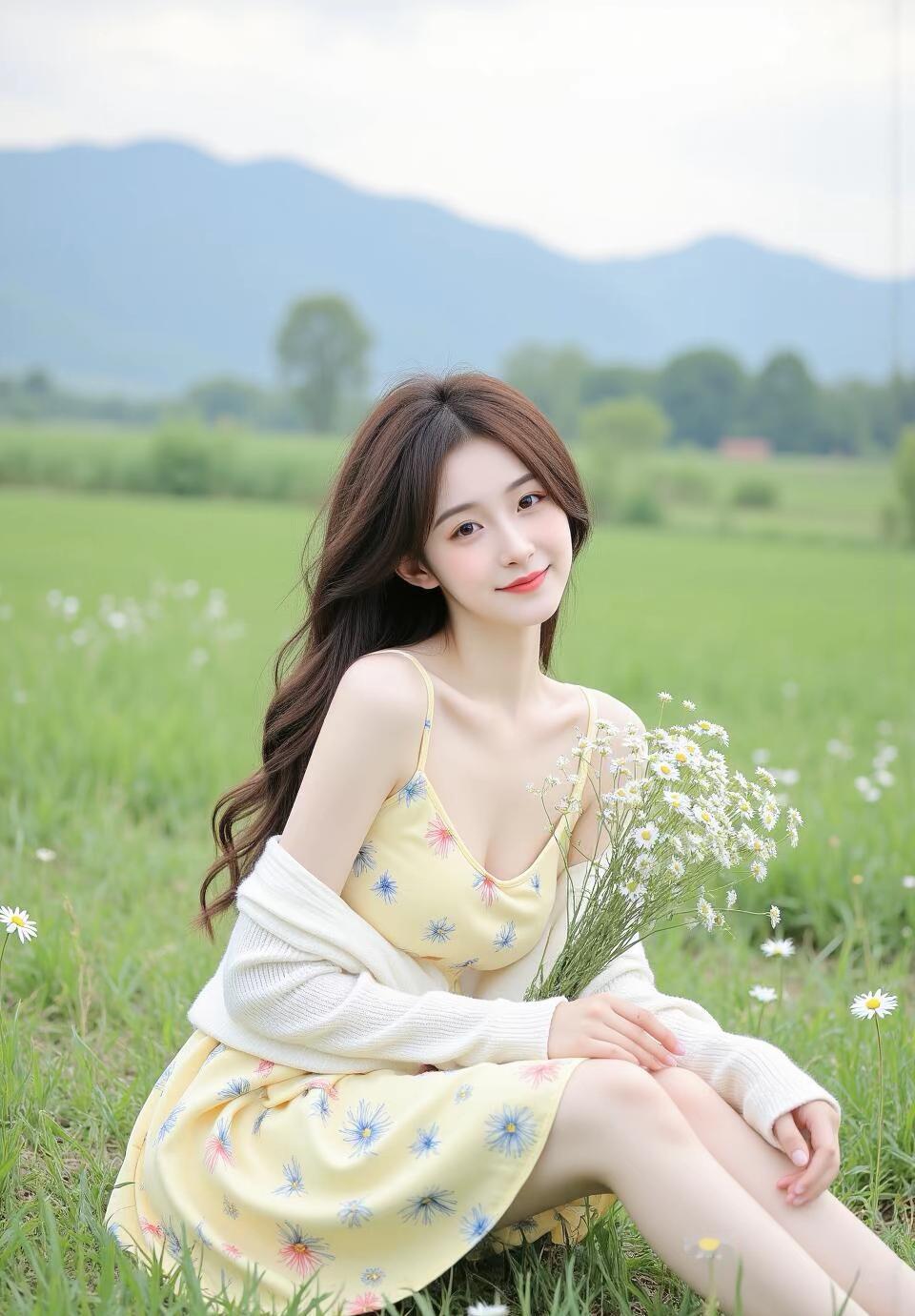 夏日田野里的少女，手捧野花，微笑如花。