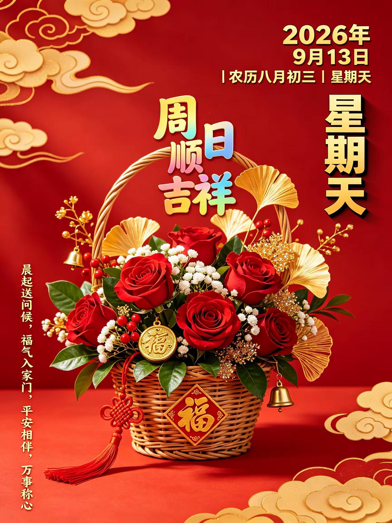 晨起一缕暖阳照，周日清风轻轻绕。隔屏问候送吉祥，牵挂一直在心上。愿你日日