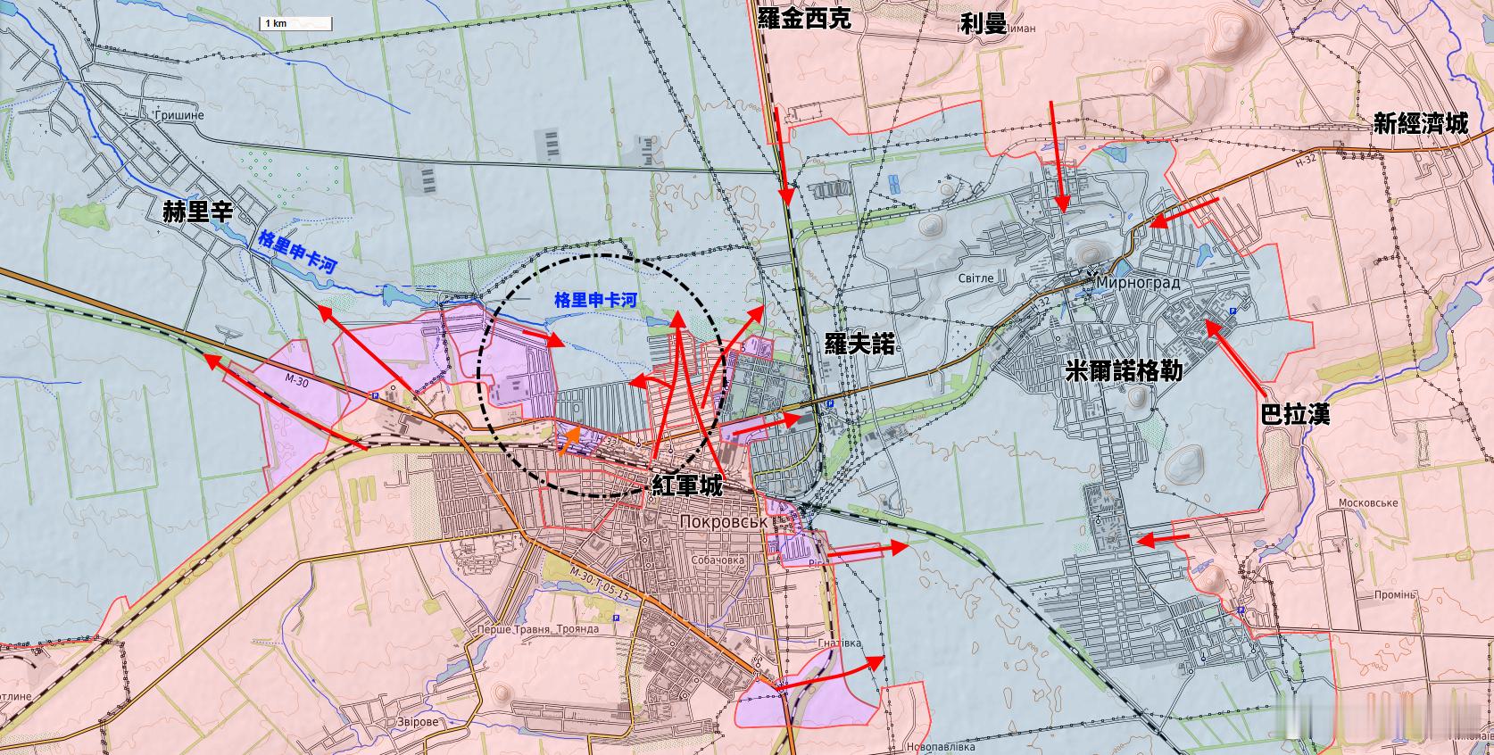 更新紅軍城城區戰鬥態勢根據俄軍報告稱，在紅軍城西側取得了重大進展，已肅清紅軍城西