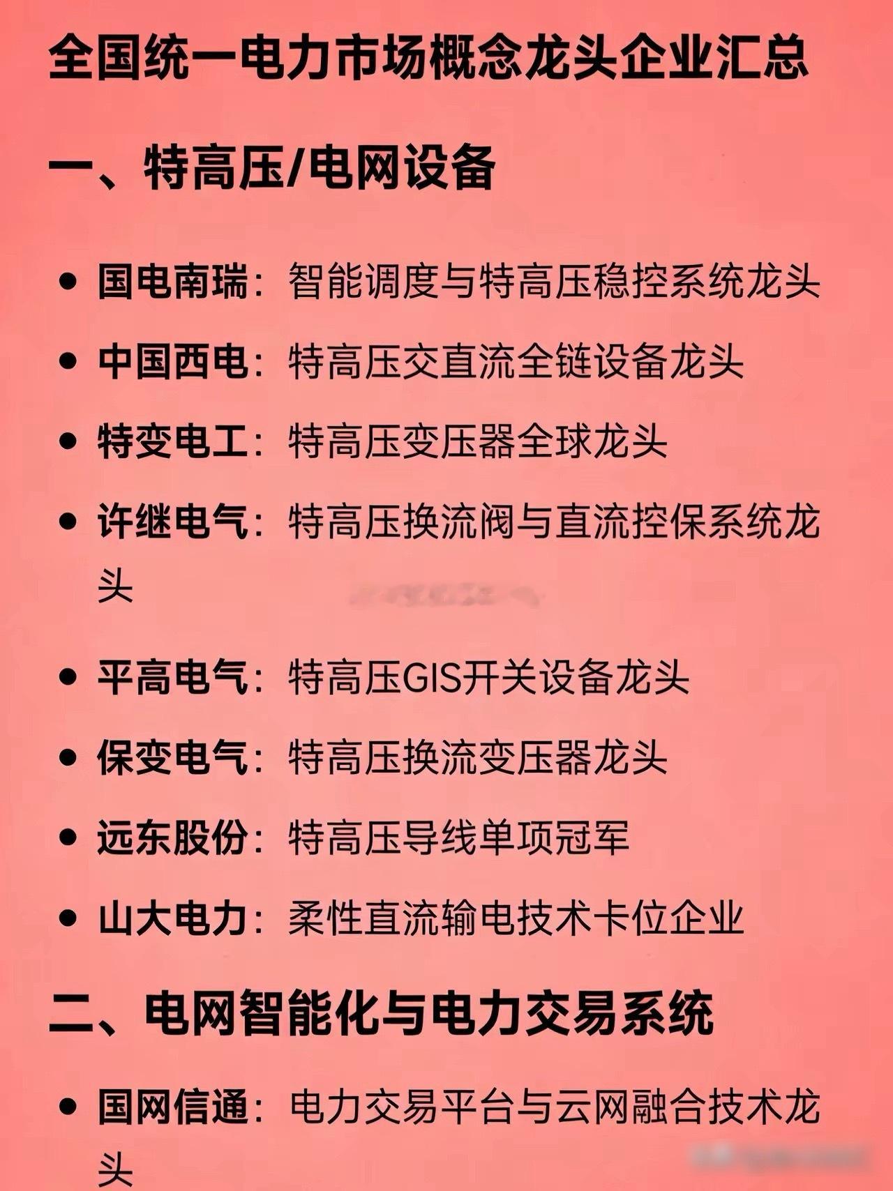 全国统一电力市场·核心龙头汇总一、特高压/电网设备•国电南瑞：智能调度+特
