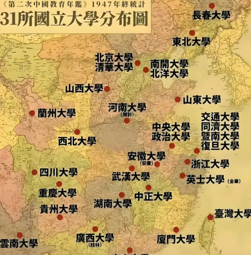 刚看到了一张民国时期的国立大学分布图，有点类似我们现在的985。对比两张图，不知