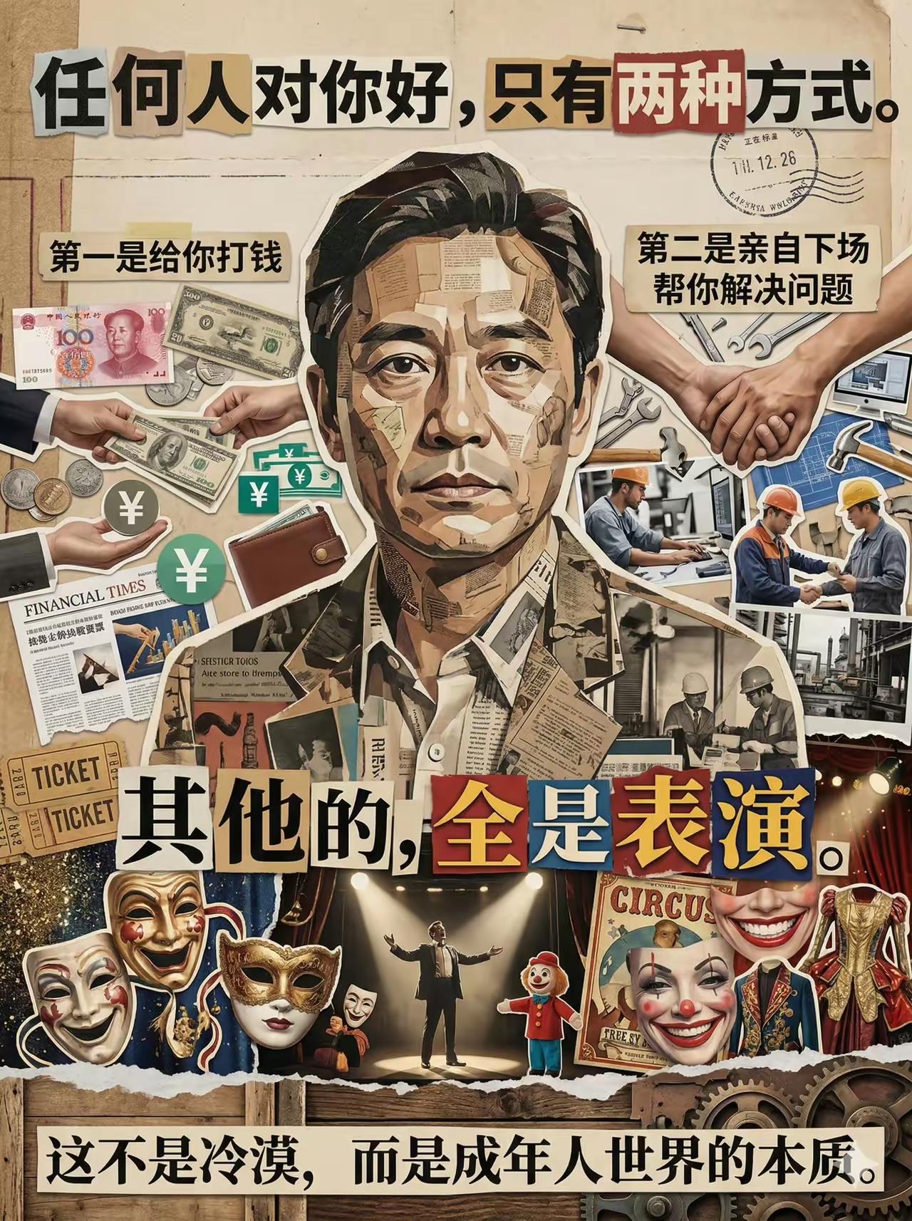 “任何人对你好，只有两种方式。第一是给你打钱，第二是亲自下场帮你解决问题。其他的