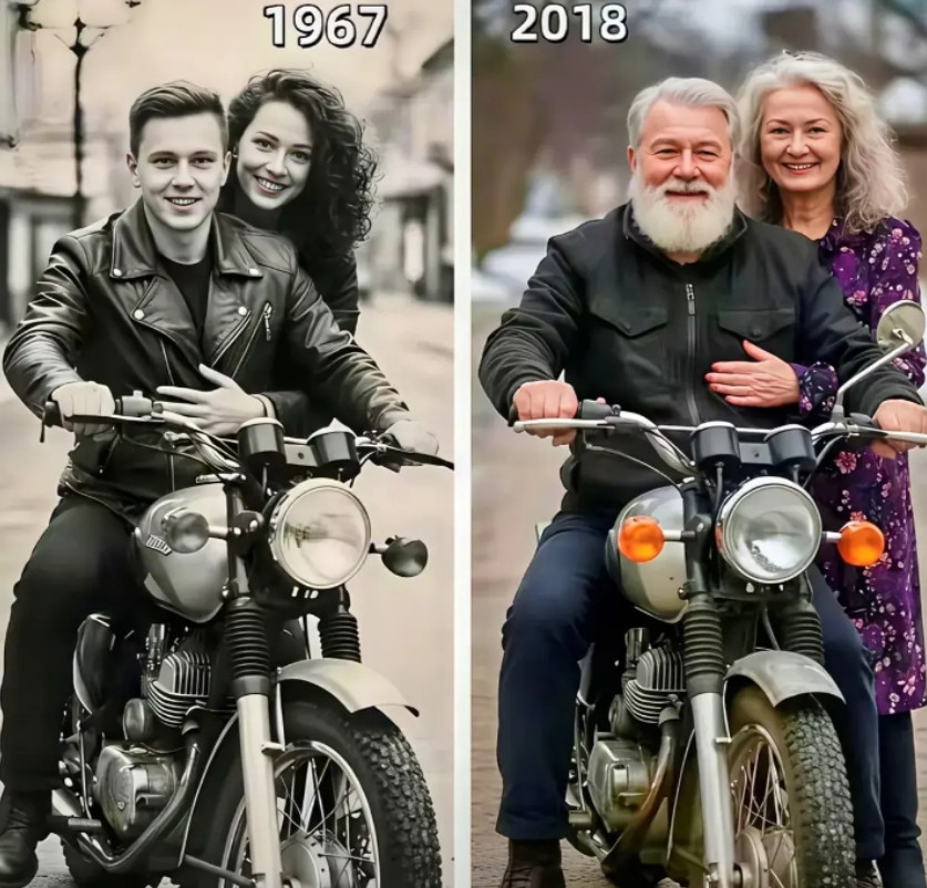 同一辆摩托，同一对夫妻，51年后，笑容依然。
