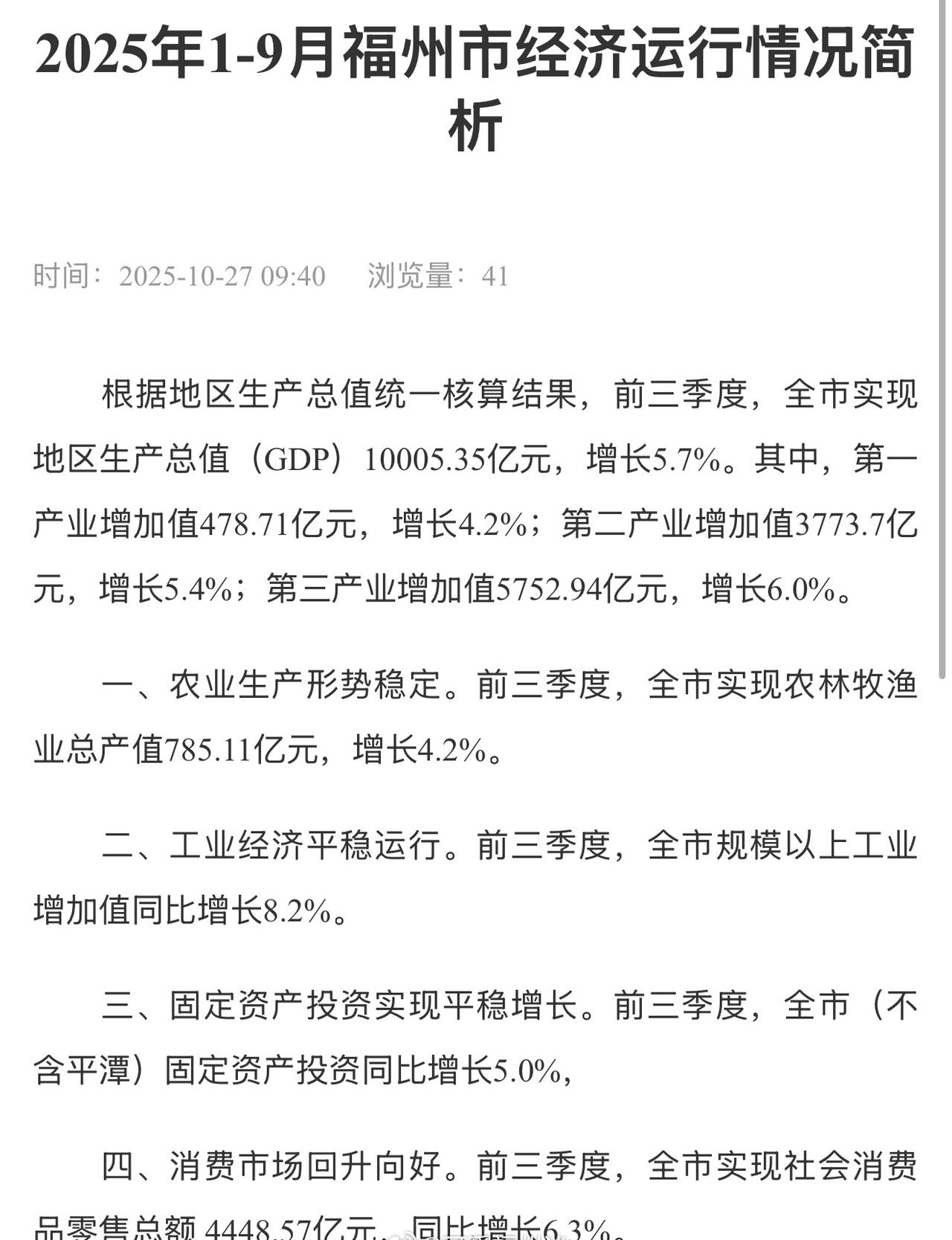 /◌前三季度福州GDP为10005.35亿,同比增长5.7%,名义增速6.96