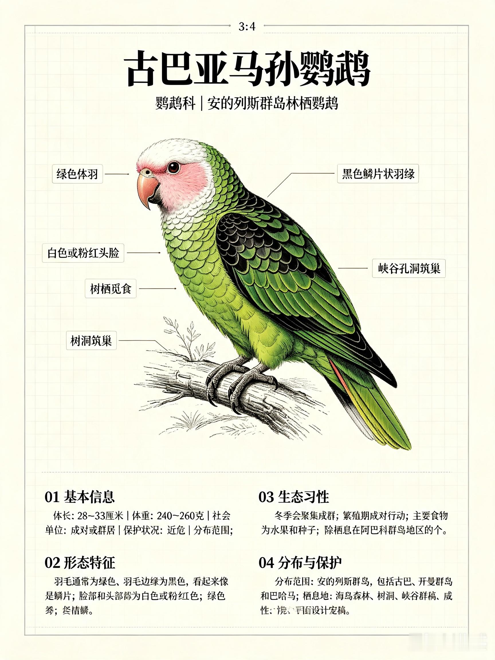 鸟类朋友图鉴古巴亚马孙鹦鹉体长：28~33厘米体重：240~260克社会单