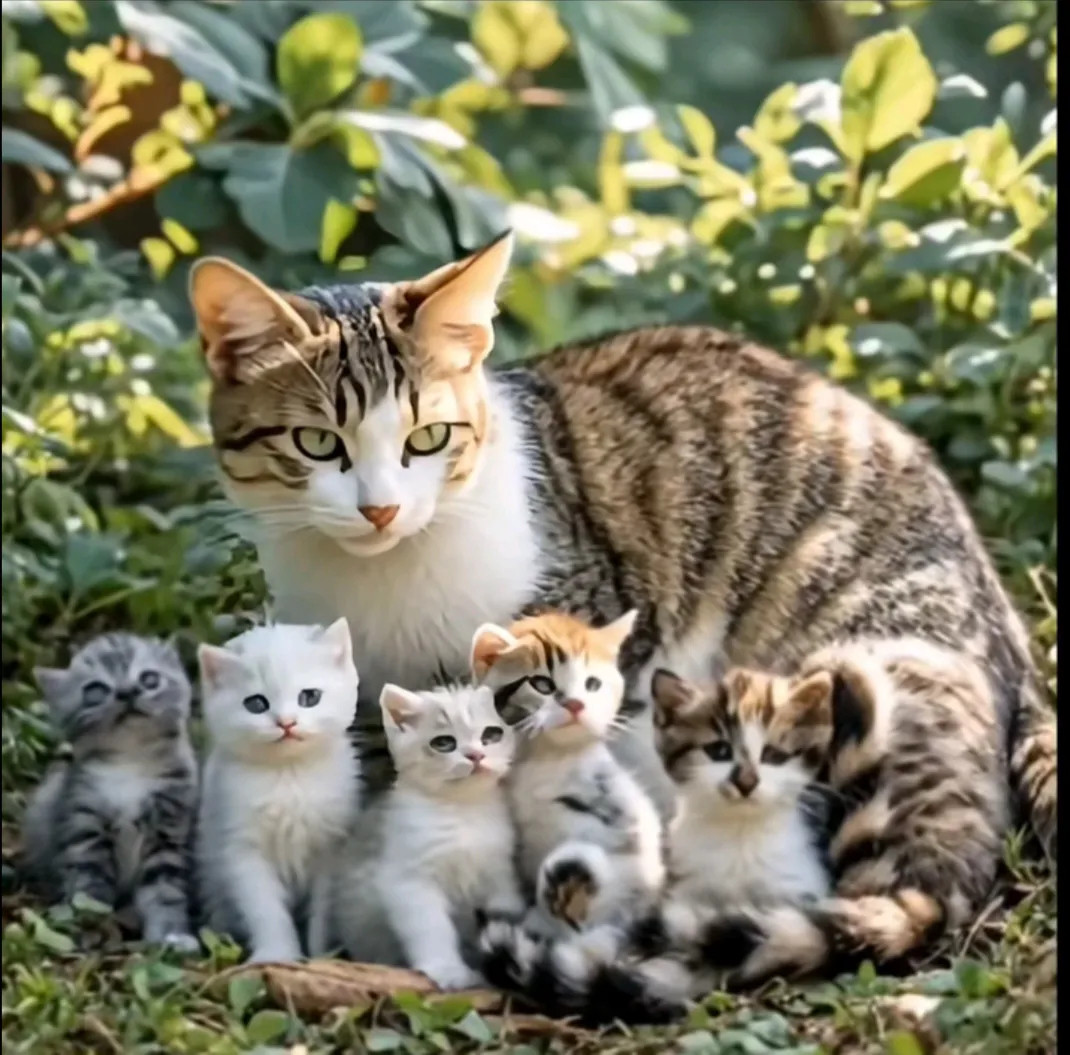 绿化带里的流浪猫一家子