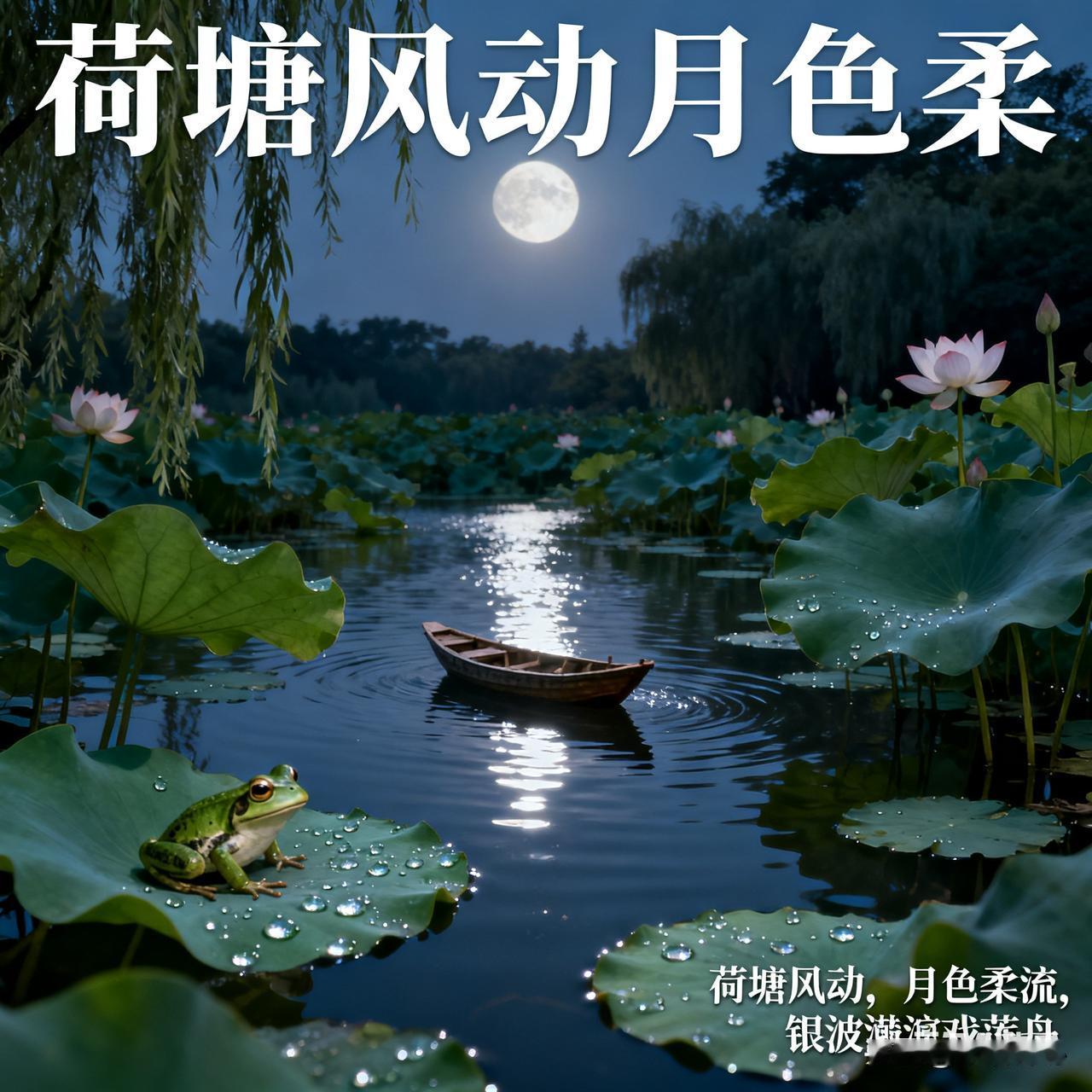 根据凤皇传奇:荷塘月色这首经典动听的歌曲和美景，令拟标题《荷塘风动月色柔》作了一