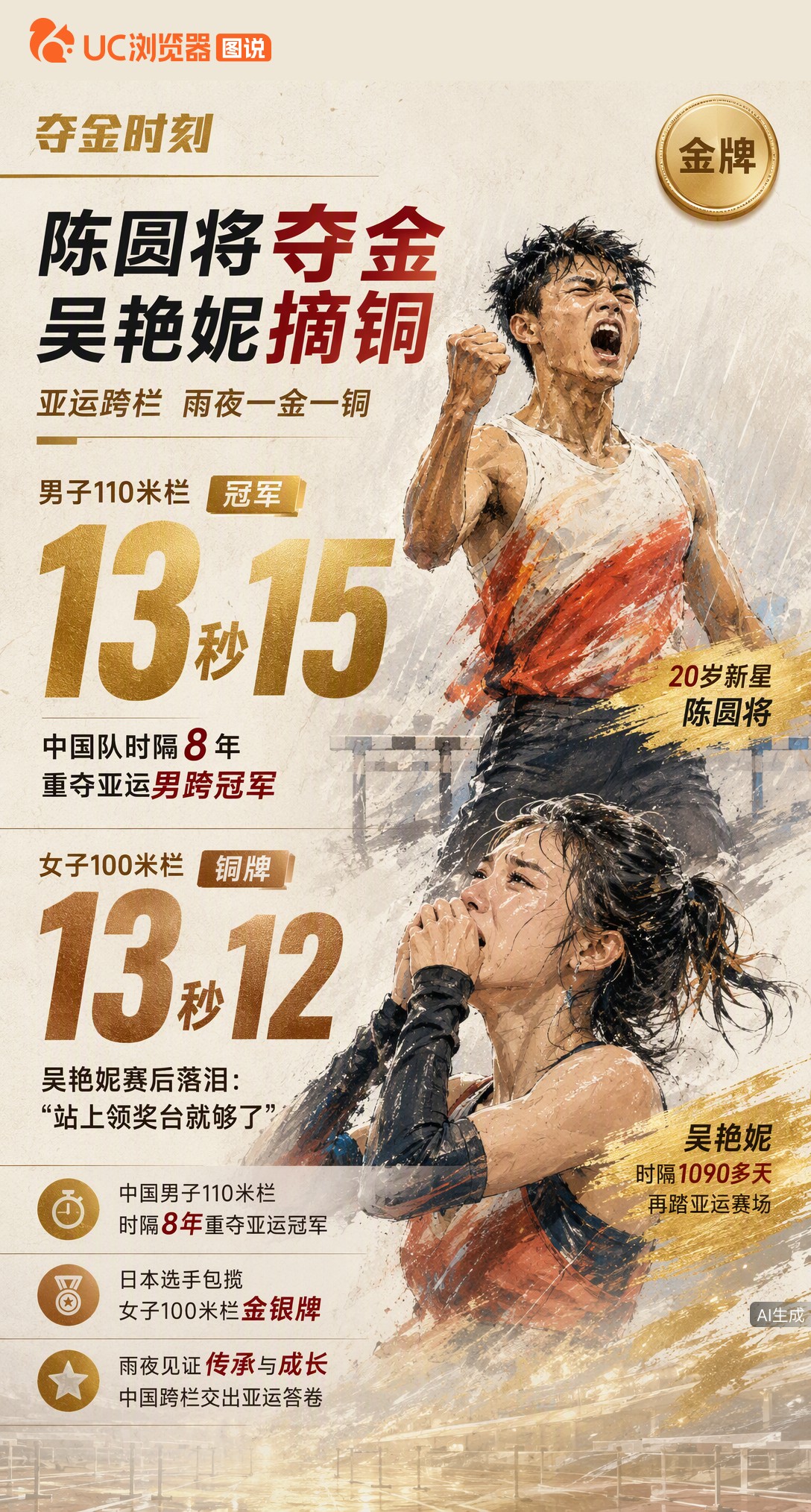 雨夜跨栏一金一铜！20岁陈圆将13秒15夺金，中国队时隔八年重夺男跨冠军；吴艳妮13秒12摘铜赛后落