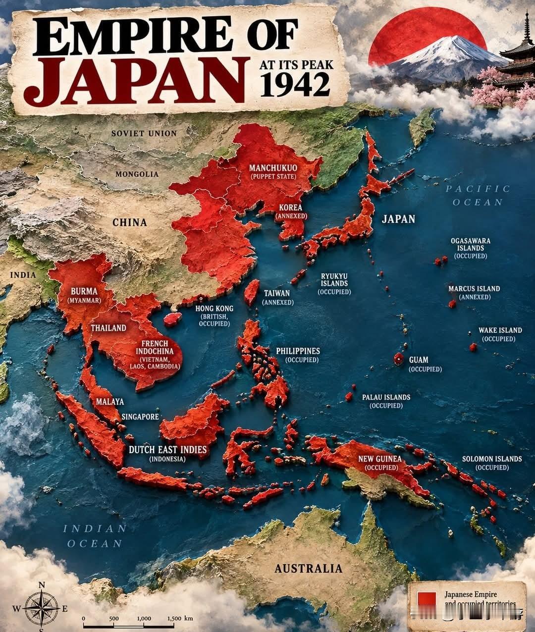 二战历史：1942年是日本对外占领区域的鼎盛阶段1942年达到顶峰时，日