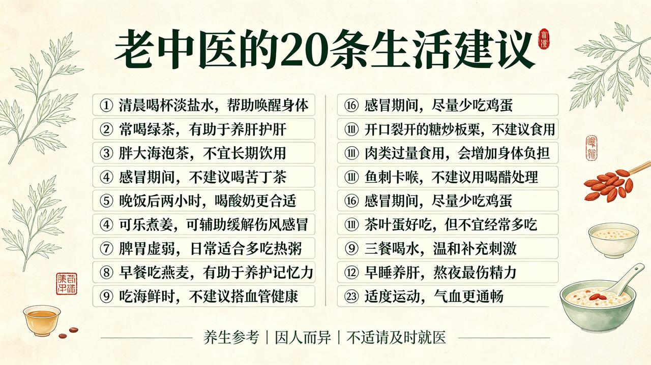 老中医的20条生活建议①清晨起床，喝一杯淡盐水，助力身体代谢②常饮绿茶，